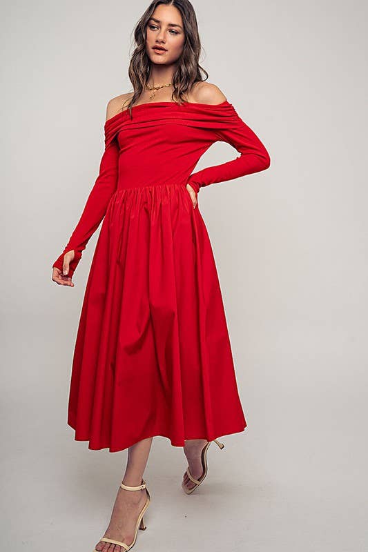 Urban Daizy Elegant Off Shoulder Ruched Long Sleeve Spring Midi Dress Red Dress - Women's (UDZ-DR-00366) – alternate view 11