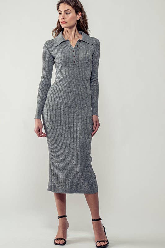 Urban Daizy Ribbed Collared Button Front Midi Sweater Dress H-Grey Dress - Women's (UDZ-DR-00328)