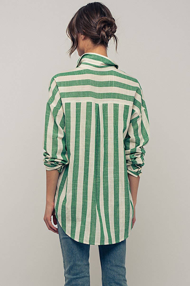 Urban Daizy Mixed Stripe Pattern Oversized Button Down Shirt Taupe Button Down Shirt - Women's (UDZ-TP-00049) – alternate…