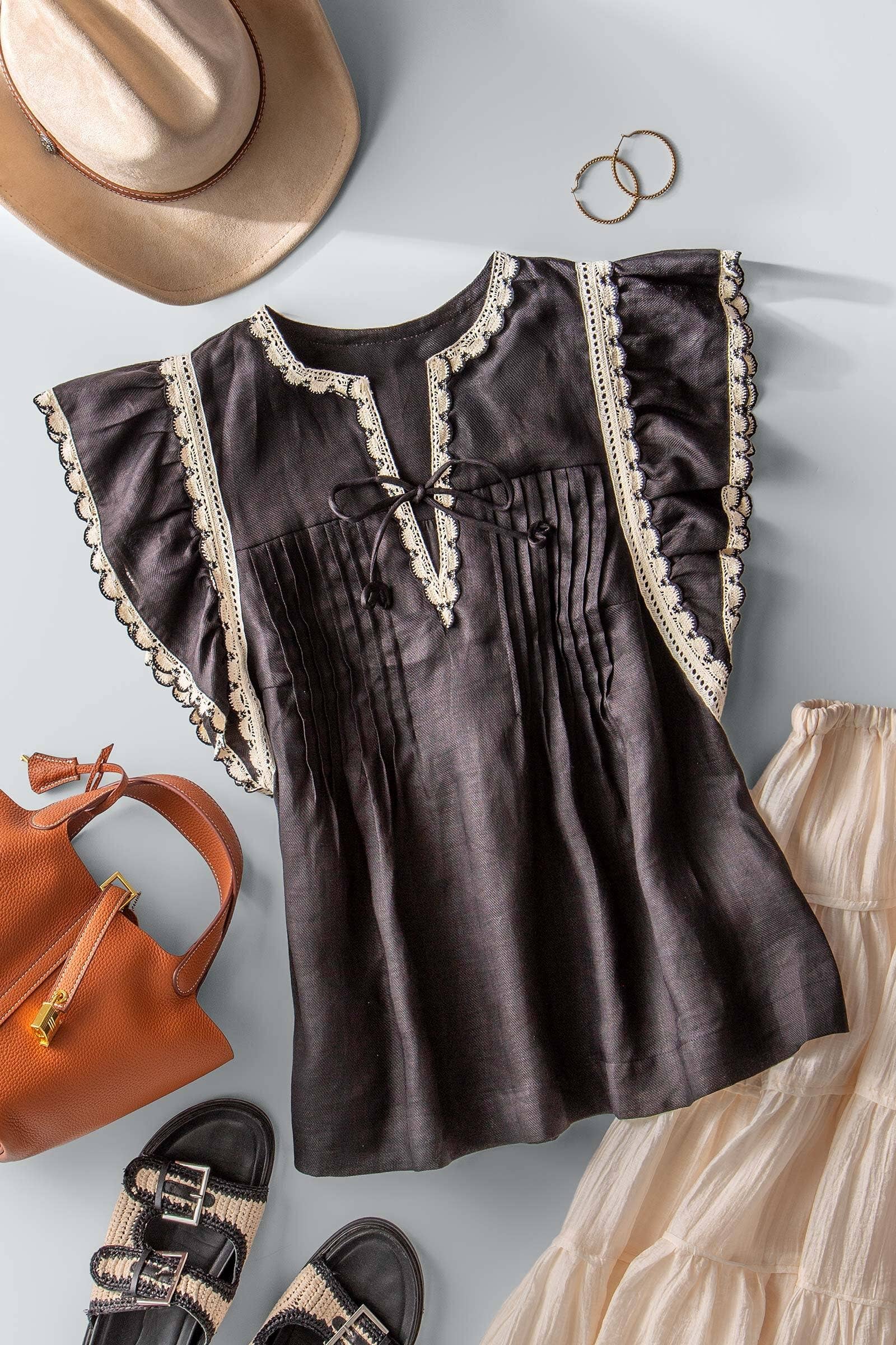 Urban Daizy Lace Trim Pintuck Flutter Sleeve Blouse Black Blouse - Women's (UDZ-TP-00810) – alternate view 3