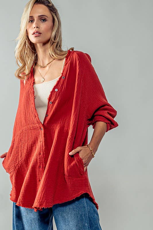 Urban Daizy PREMIUM SOFT FRAYED HEM GAUZE VINTAGE WASHED SHIRT Forest-Green Button Down Shirt - Women's (UDZ-TP-00225) –…