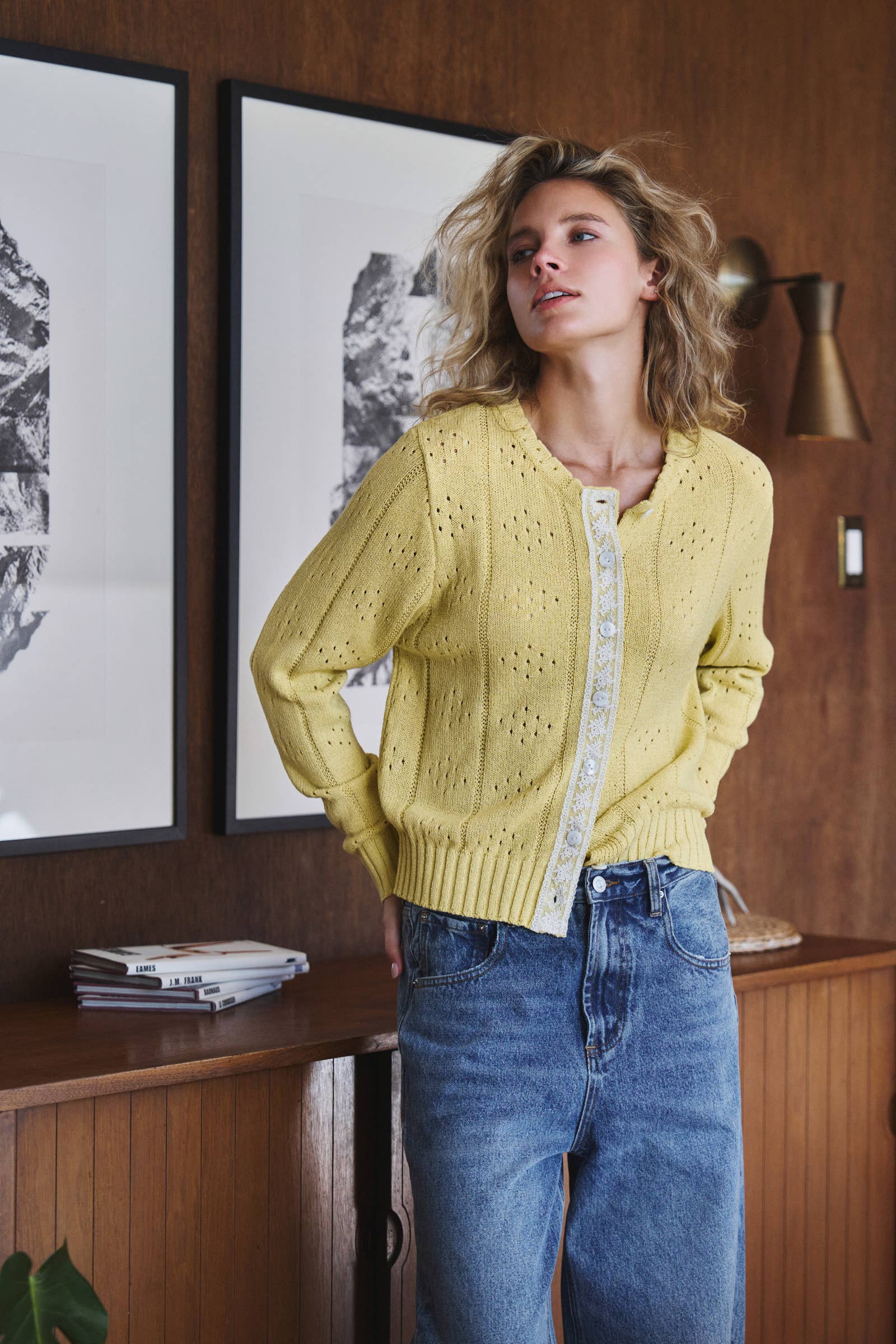 Urban Daizy Pointelle Knit Cardigan Lace Trim Button Down Green Cardigan - Women's (UDZ-KN-01051) – alternate view 4