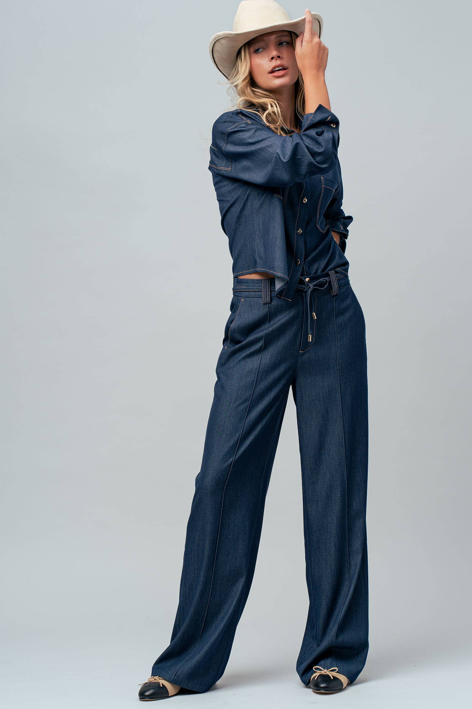 Drawstring Wide Leg Denim Pants