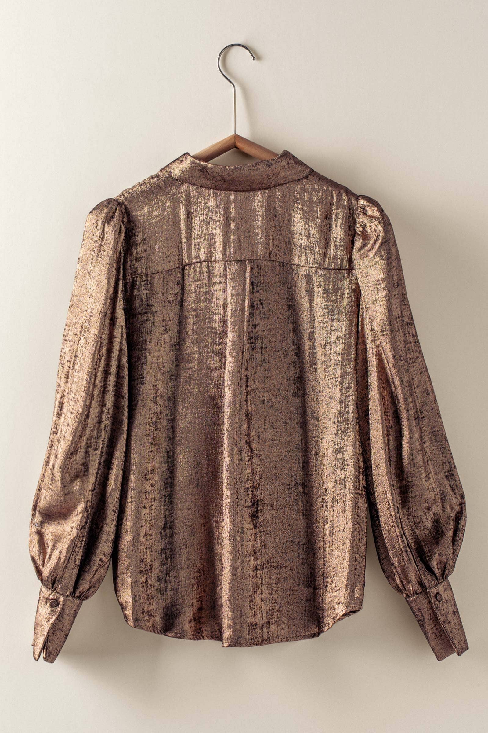 Metallic Billowy Sleeve Button Down Blouse