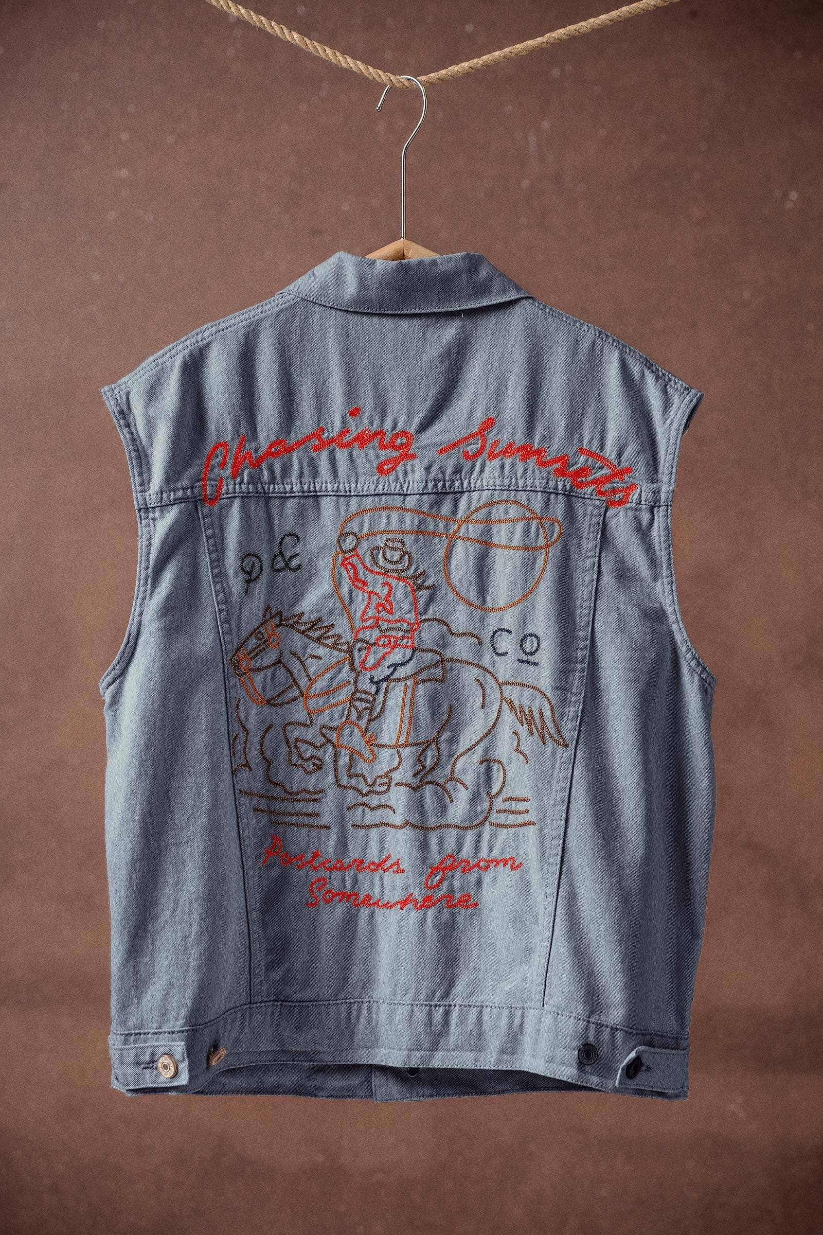 Urban Daizy Western Sunset Embroidered Denim Vest Denim-Blue Outerwear Vest - Women's (UDZ-TP-00813)