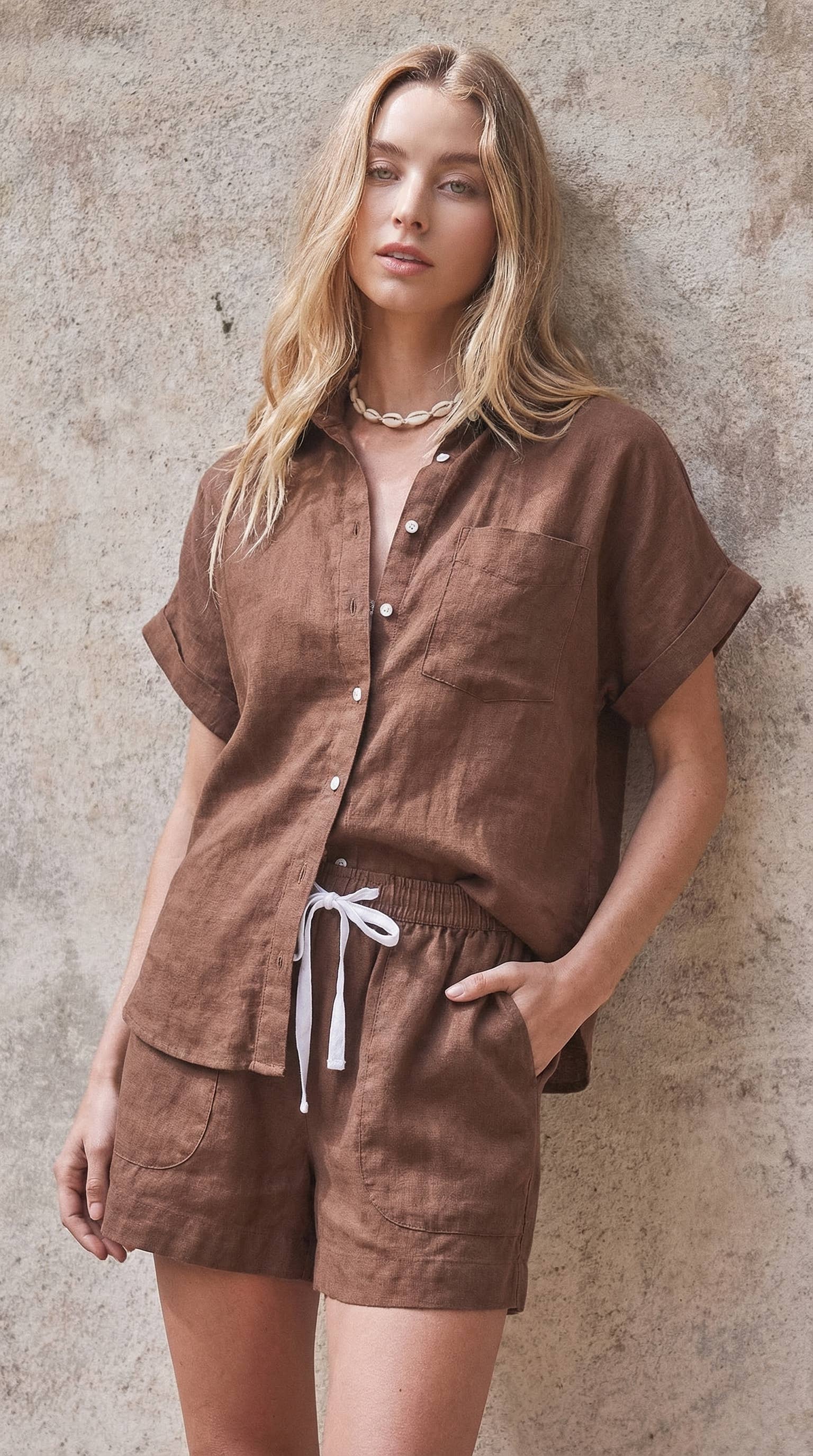 Urban Daizy Striped Linen Short Sleeve Button-Down Shirt White Blouse - Women's (UDTP1453-White) – alternate view 7