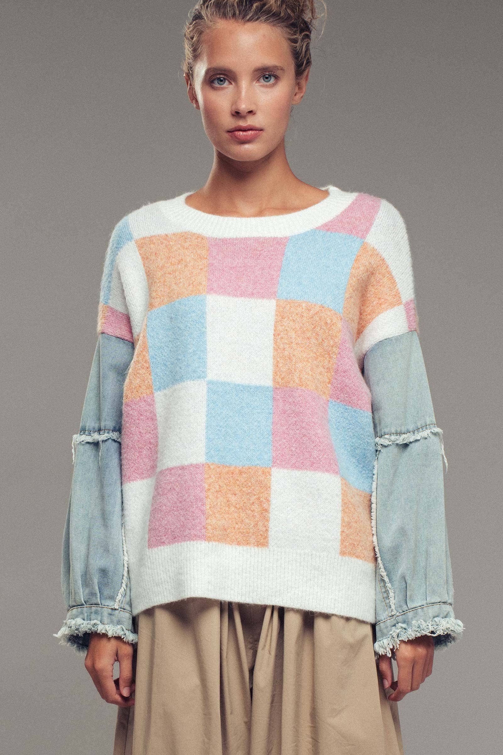 Urban Daizy Checkered Knit with Denim Sleeves Crewneck Sweater Blue-Combo Knit Sweater - Women's (UDZ-KN-00486) –…