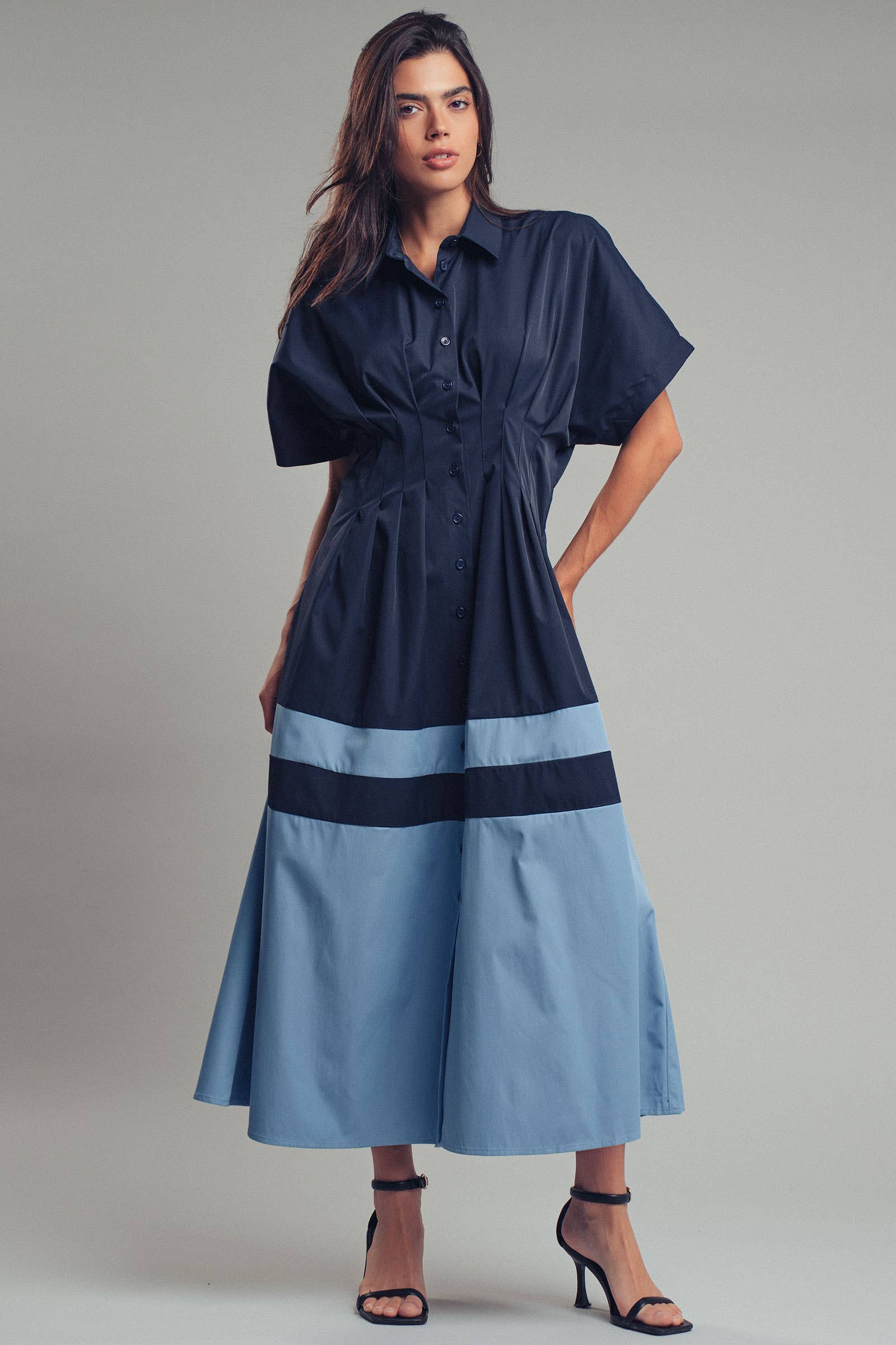 Colorblock Button-Up Cotton Midi Dress