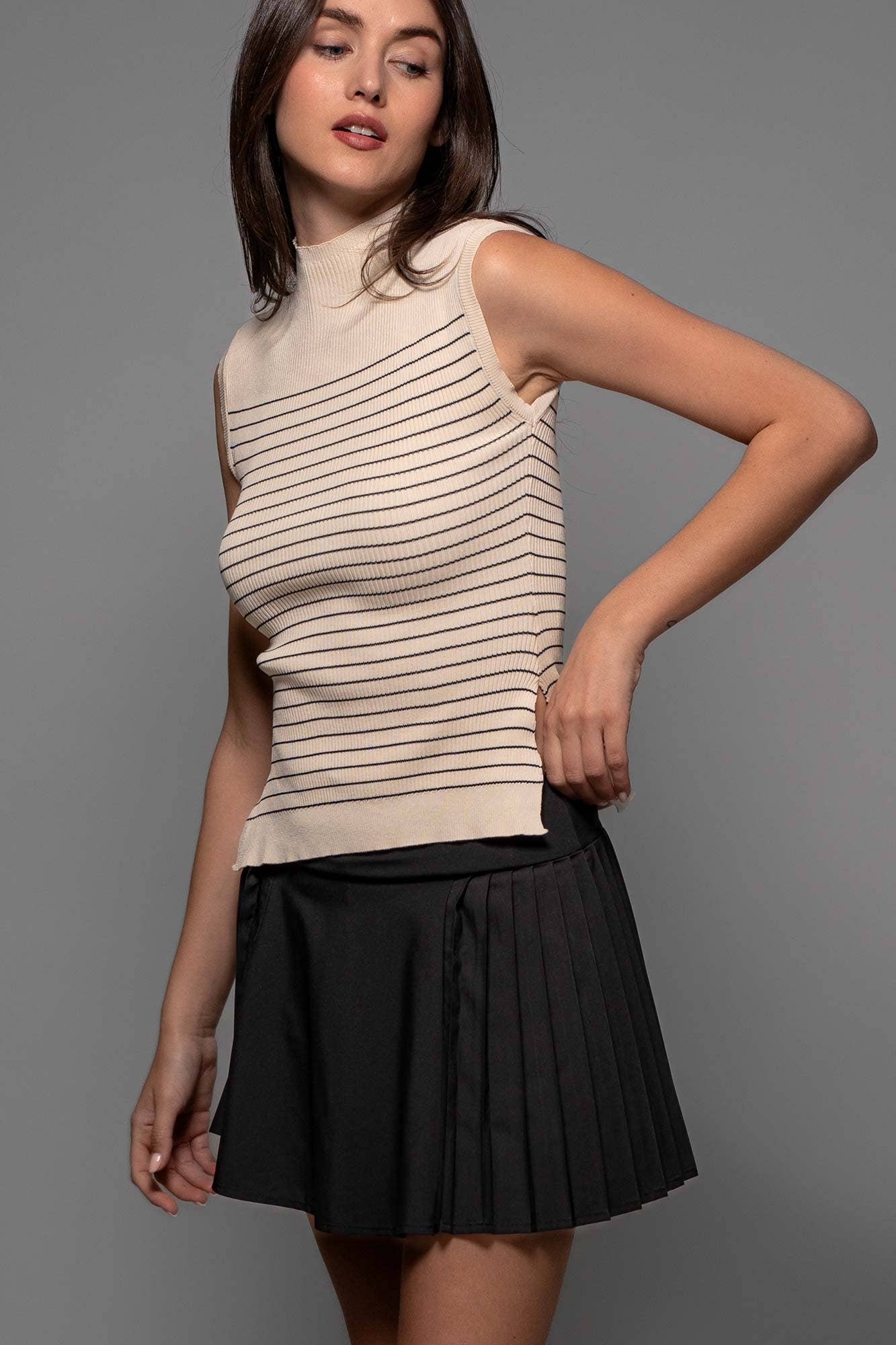Urban Daizy Striped Ribbed Mock Neck Sleeveless Top Lt-Khaki Knit Top - Women's (UDZ-PT-00352) – alternate view 14