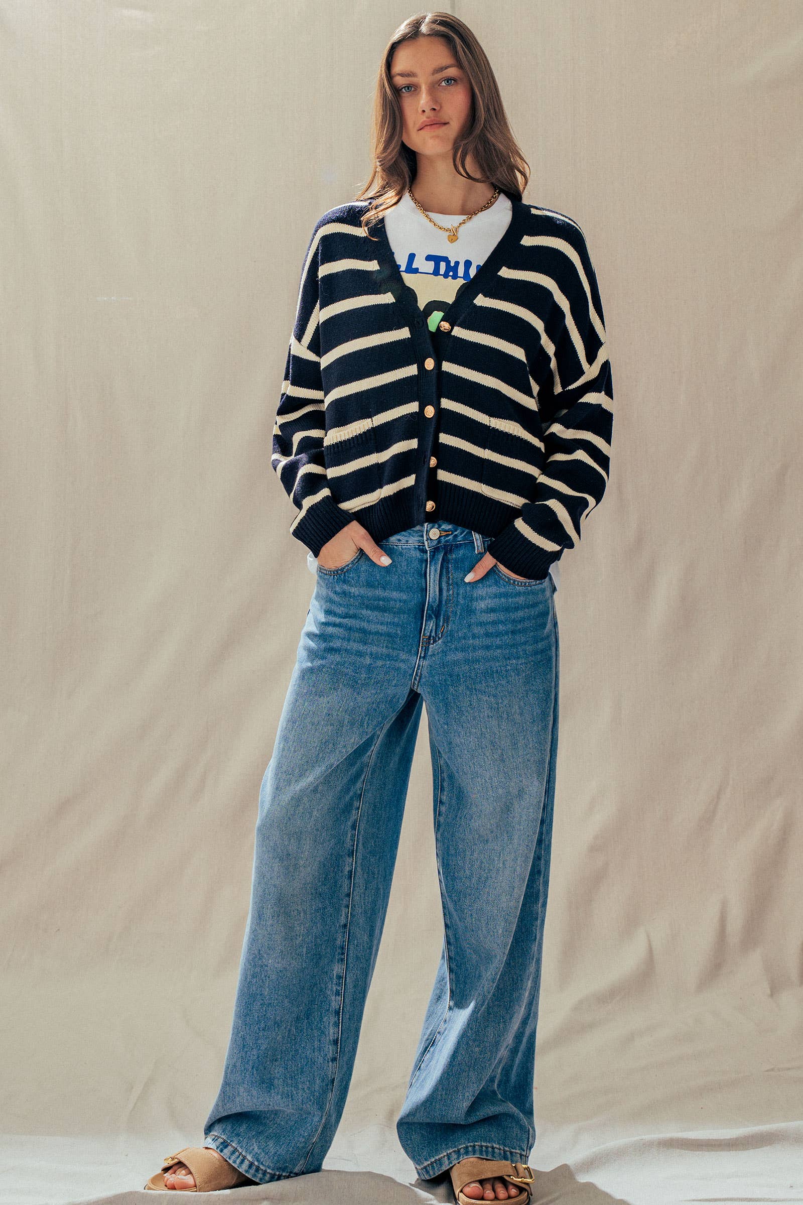 Striped Cropped V Neck Embellished Button Cardigan