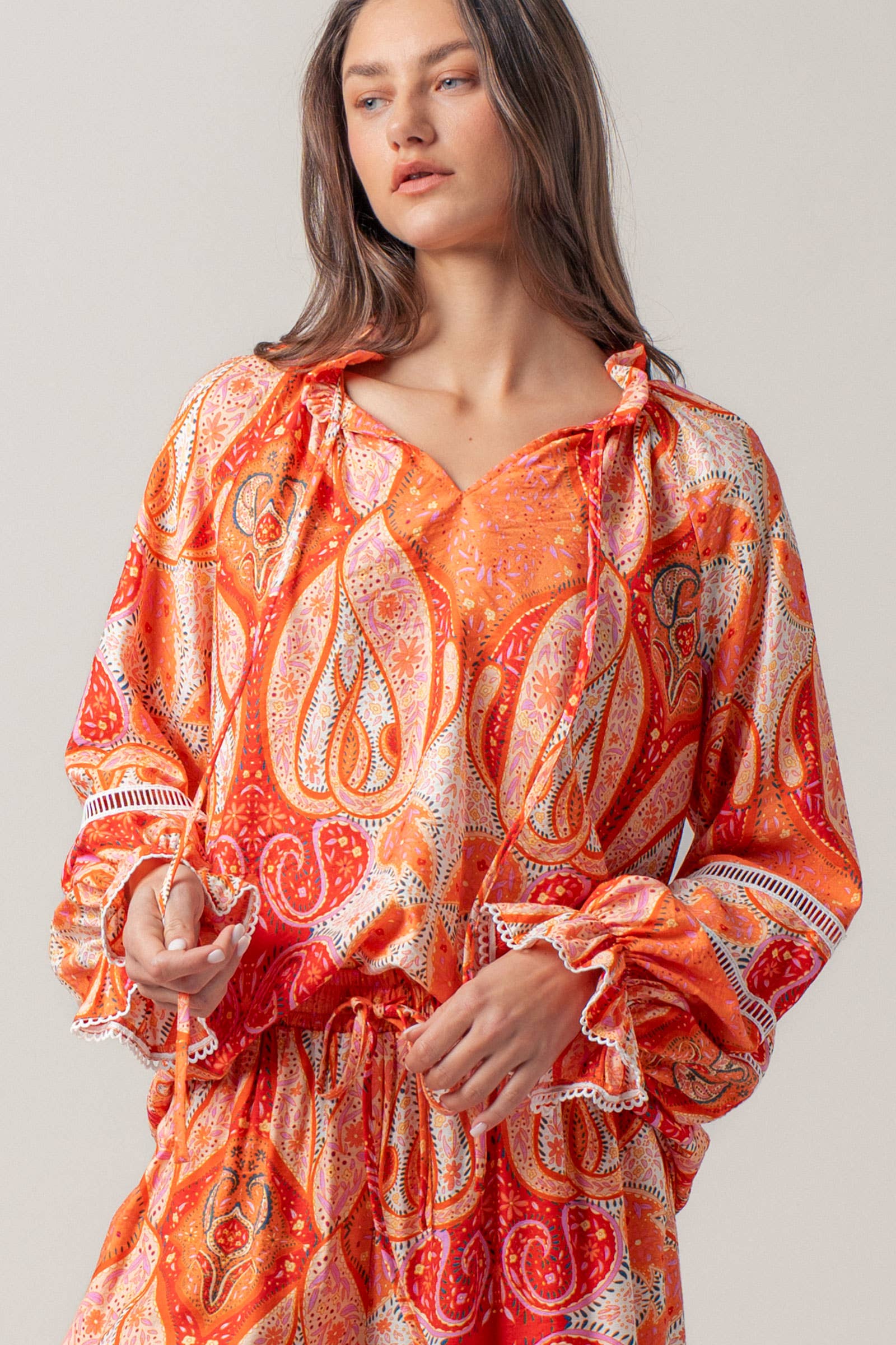 Paisley Print Tie-Neck Blouse with Bell Sleeves