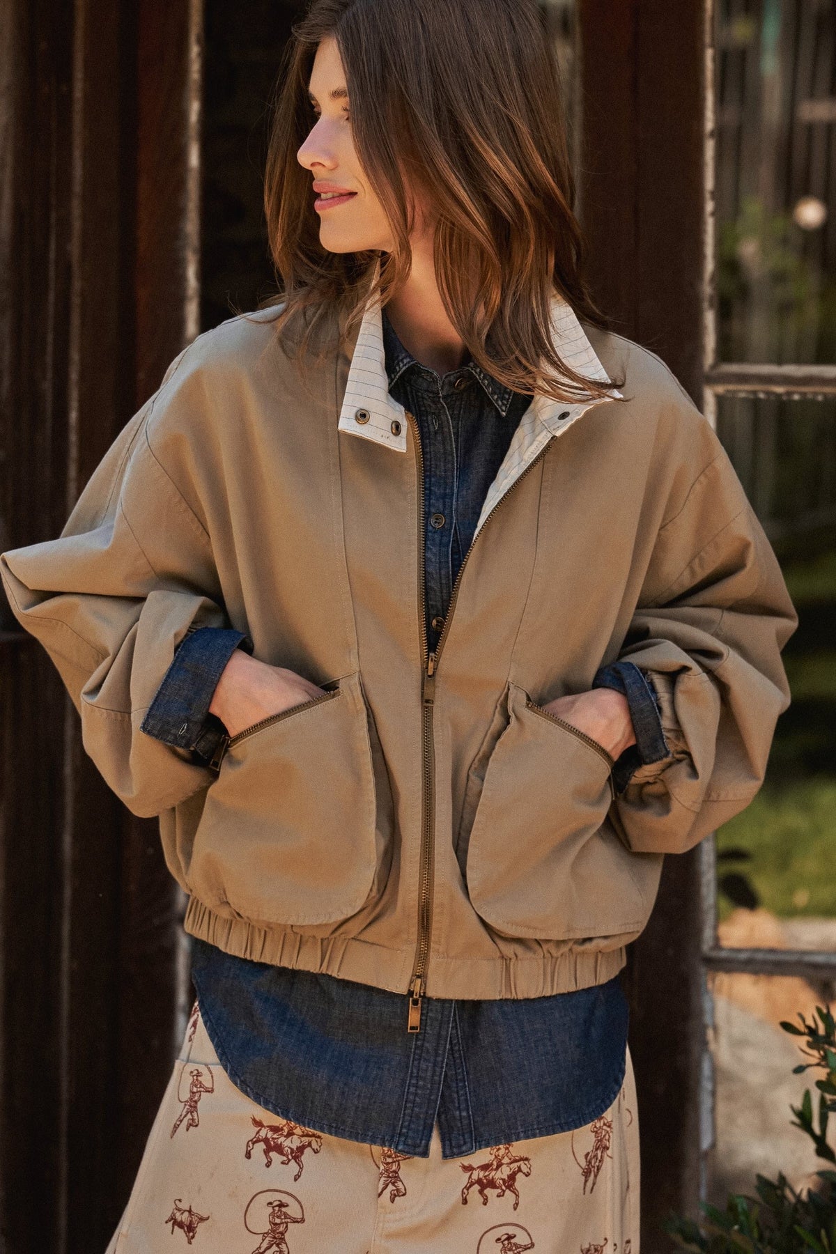 Cropped Zip Bomber Jacket in KHAKI - Women's Jackets & Blazers | Urban Daizy