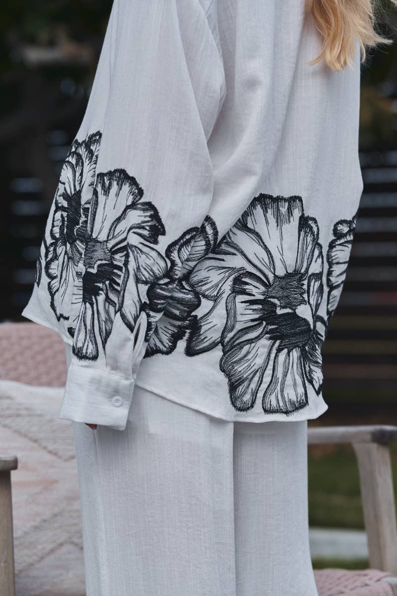 Urban Daizy Floral Embroidered Oversized Button Down Shirt Taupe Button Down Shirt - Women's (UDZ-OT-00168) – alternate view 5