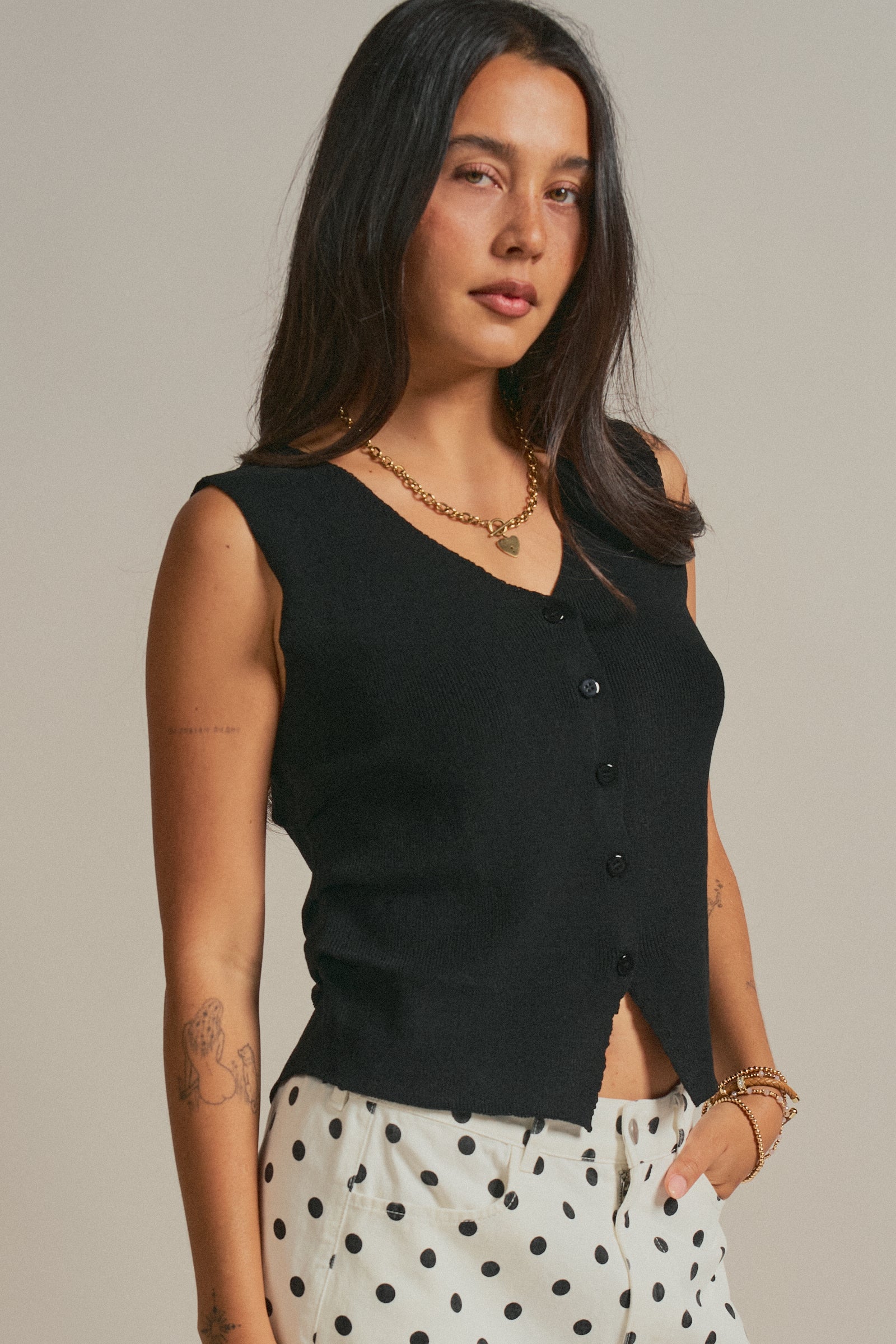 Button-Front Knit Vest Top with Side Detail