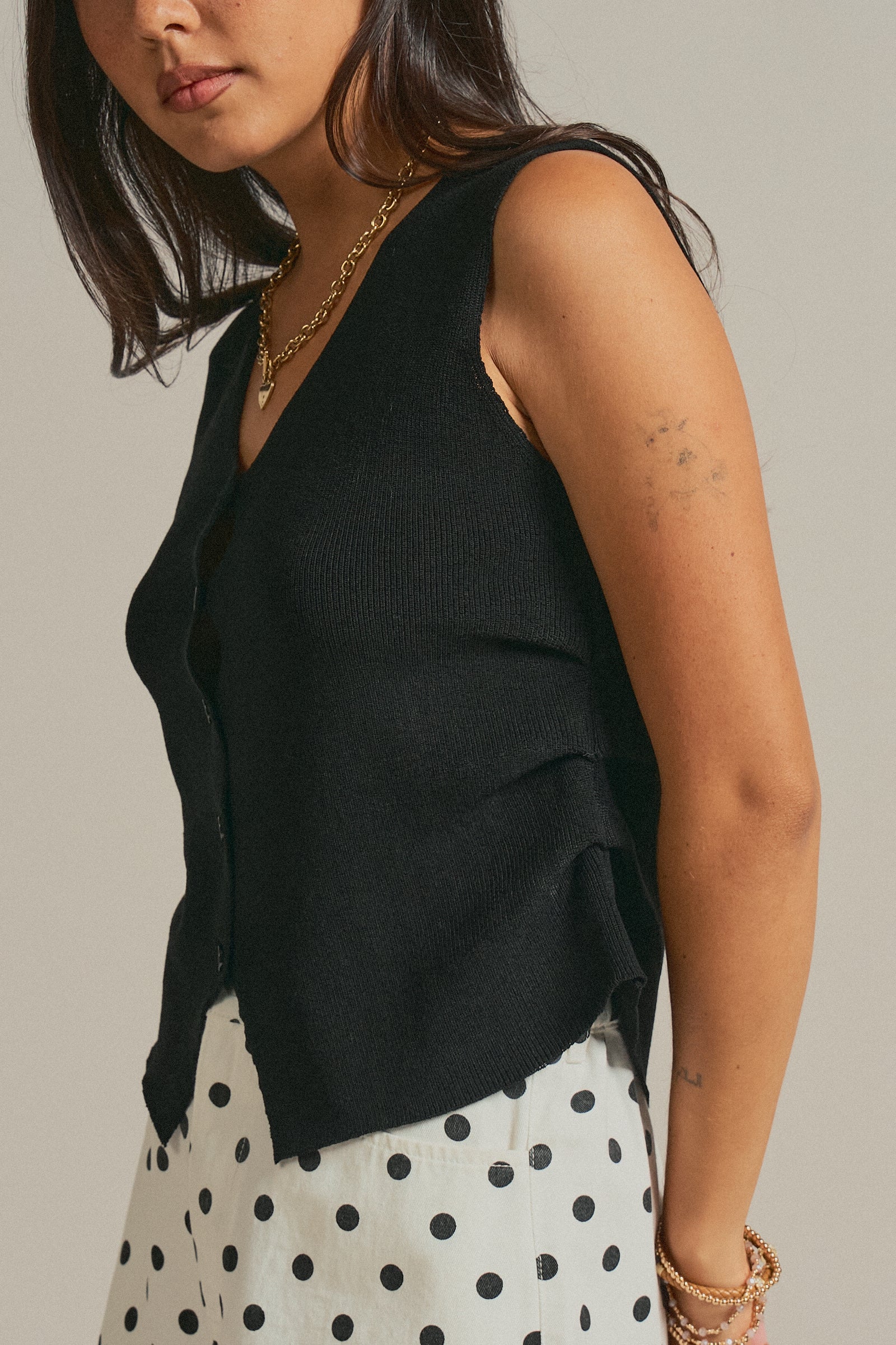 Button-Front Knit Vest Top with Side Detail