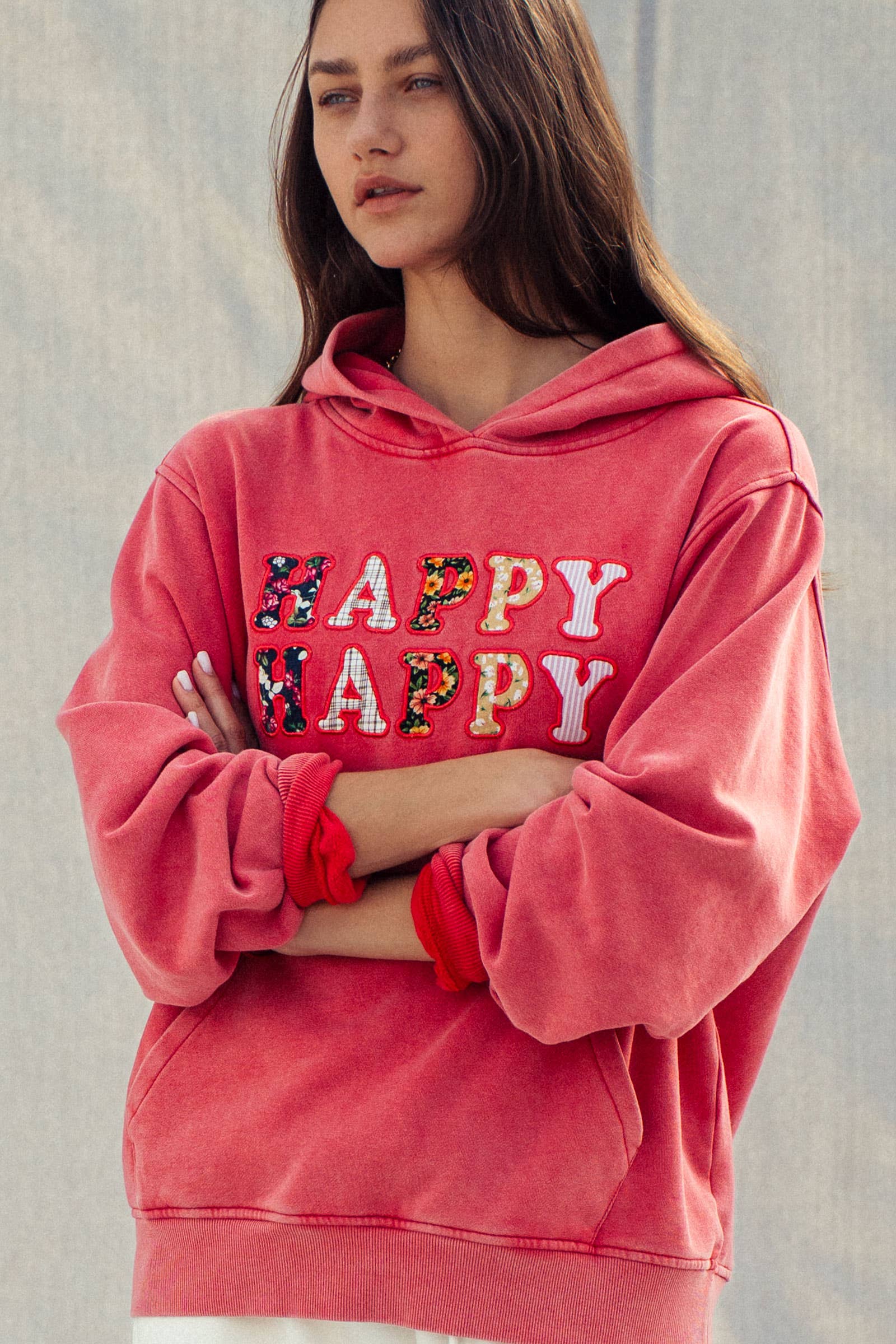 Urban Daizy "HAPPY HAPPY" Vintage Washed Hoodie Red Hoodie - Women's (UDZ-KN-00891) – alternate view 7