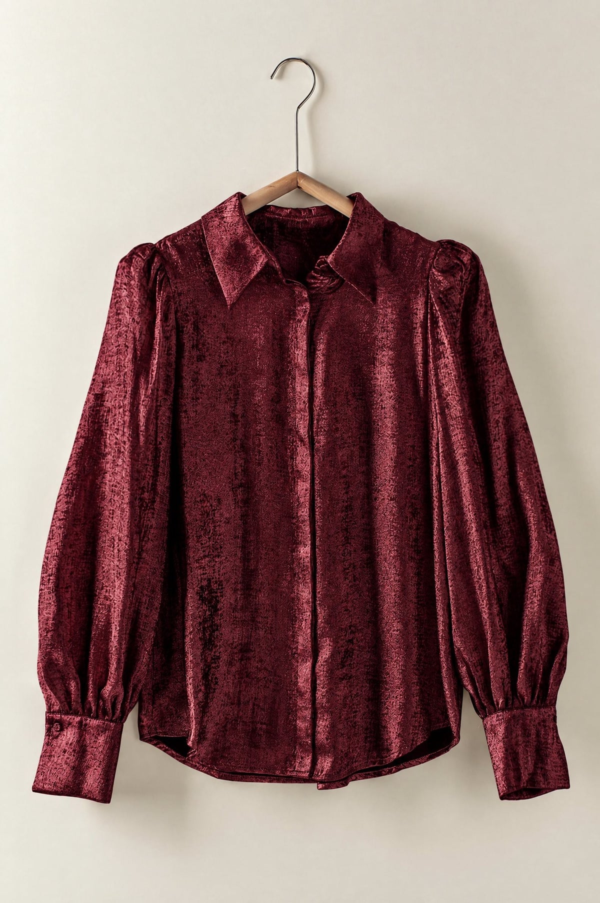 Metallic Shimmer Button Down Blouse with Puff Sleeves in BURGUNDY - Women's Shirts & Blouses | Urban Daizy
