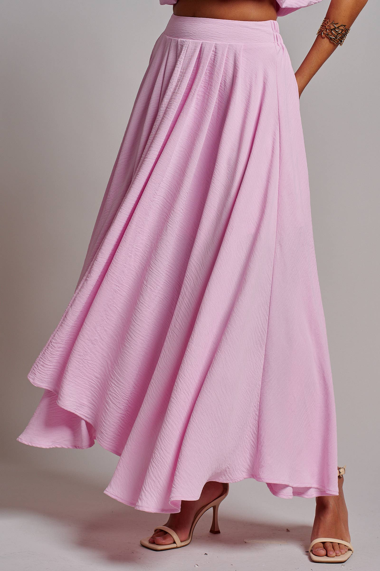 High-Waist Pleated High-Low Maxi Skirt