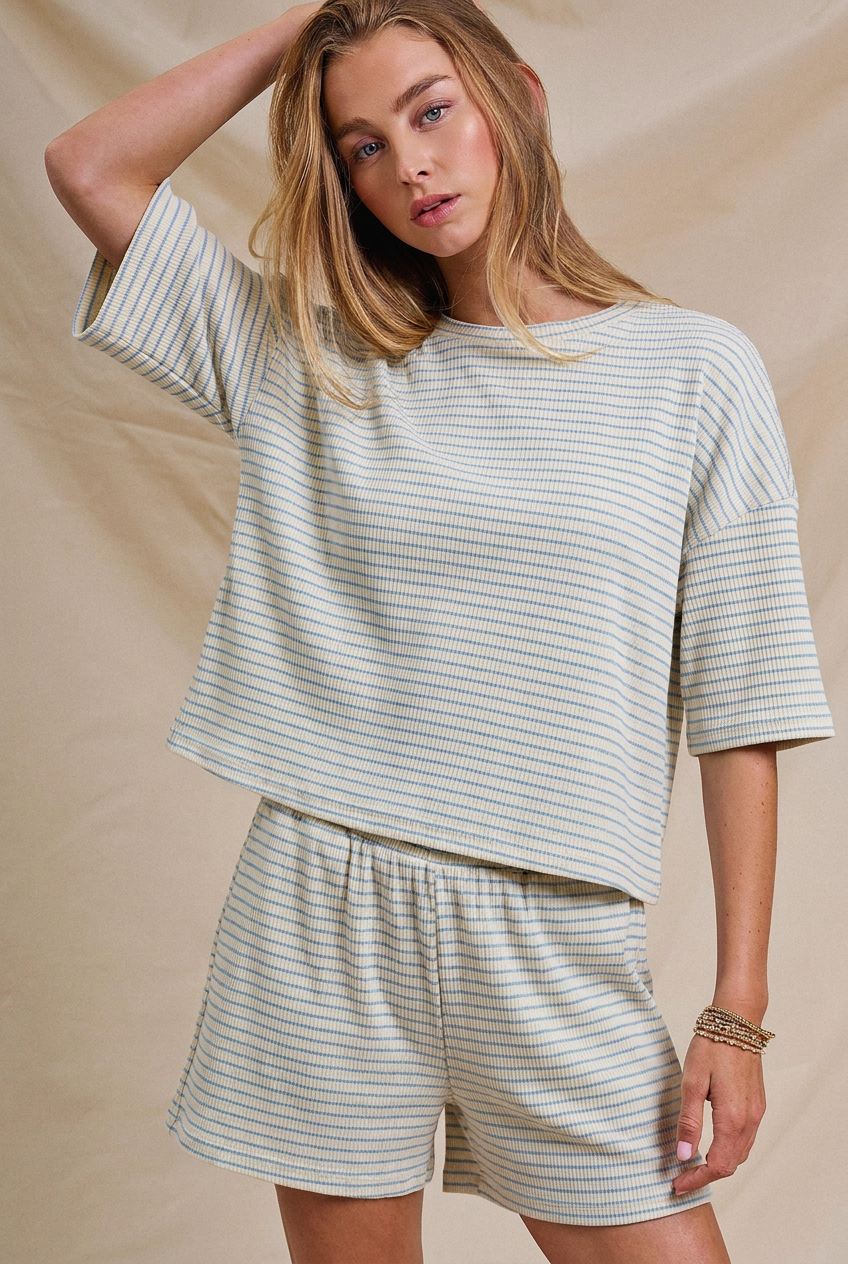 Striped Knit Two-Piece Lounge Set Boxy Tee