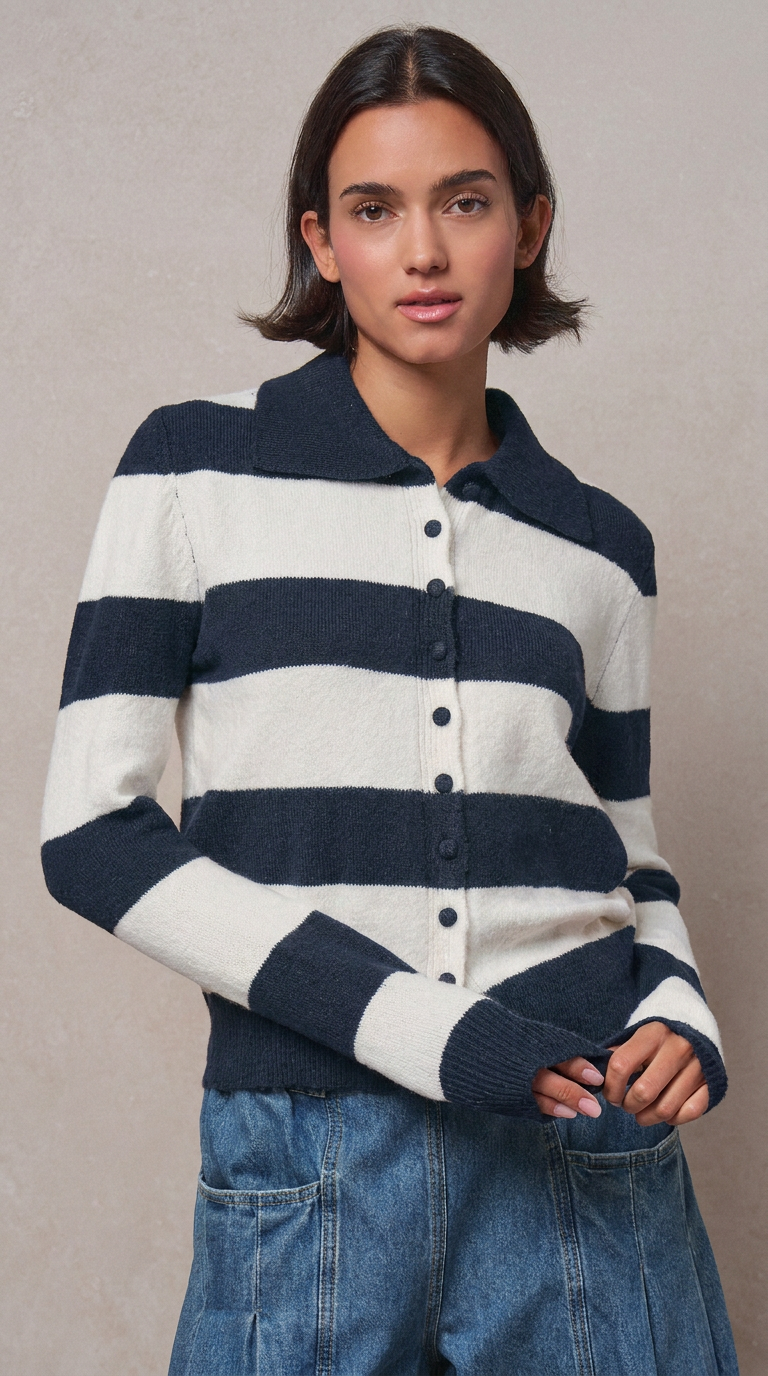 Striped Knit Collared Button Polo Sweater