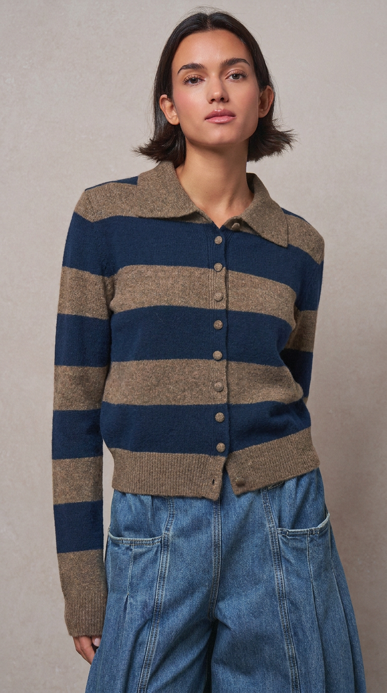 Striped Knit Collared Button Polo Sweater