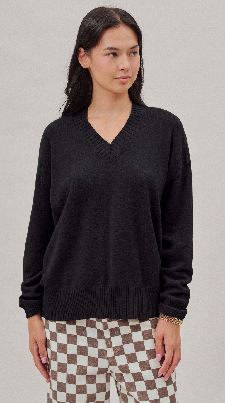 Oversized V Neck Ribbed Trim Knit Pullover