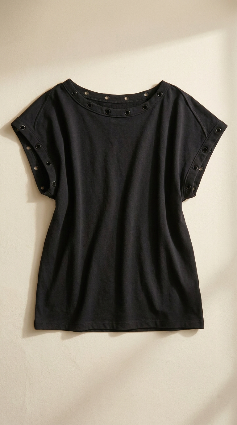 Grommet Trim Washed Cotton Boat Neck Top