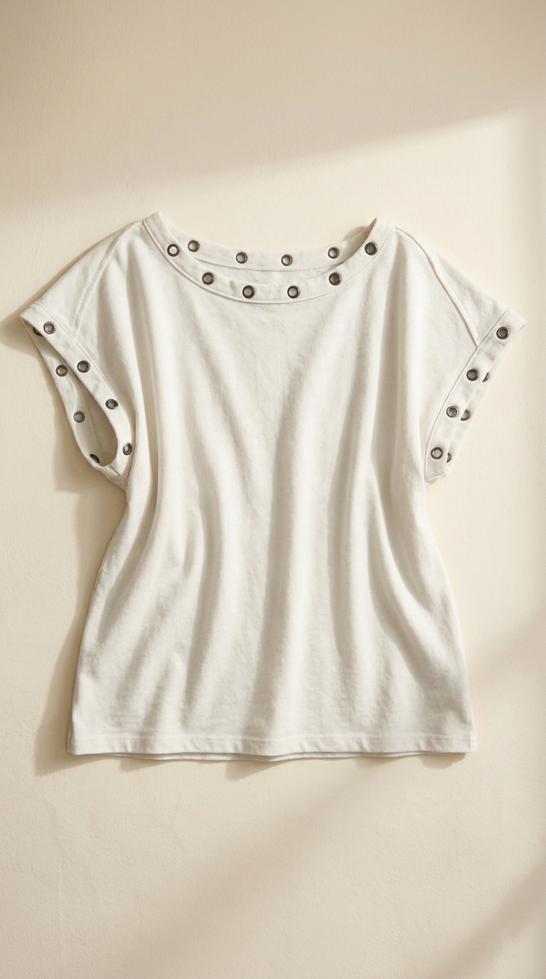 Grommet Trim Washed Cotton Boat Neck Top