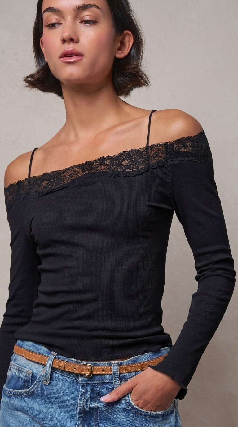 Lace Trim Ribbed Off-Shoulder Long Sleeve Top