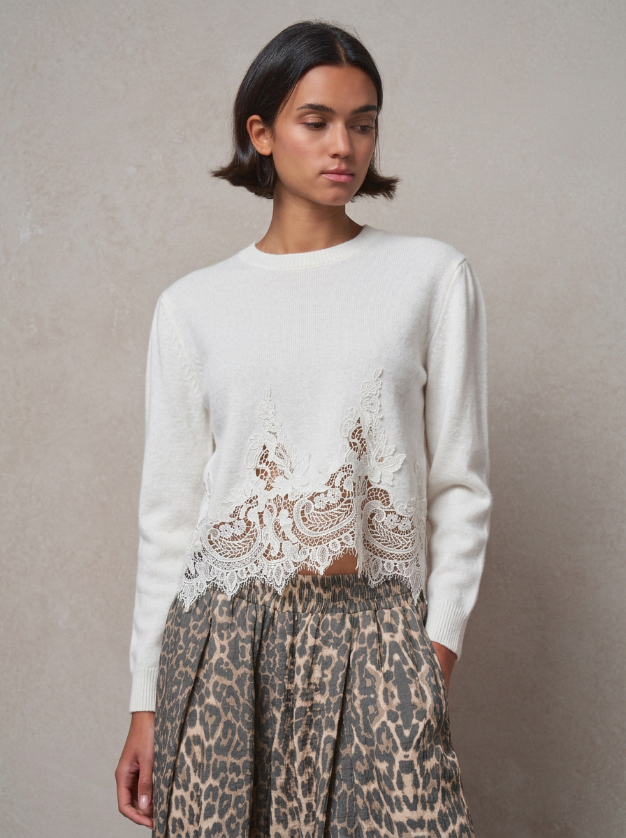 Lace Hem Floral Guipure Trim Knit Sweater