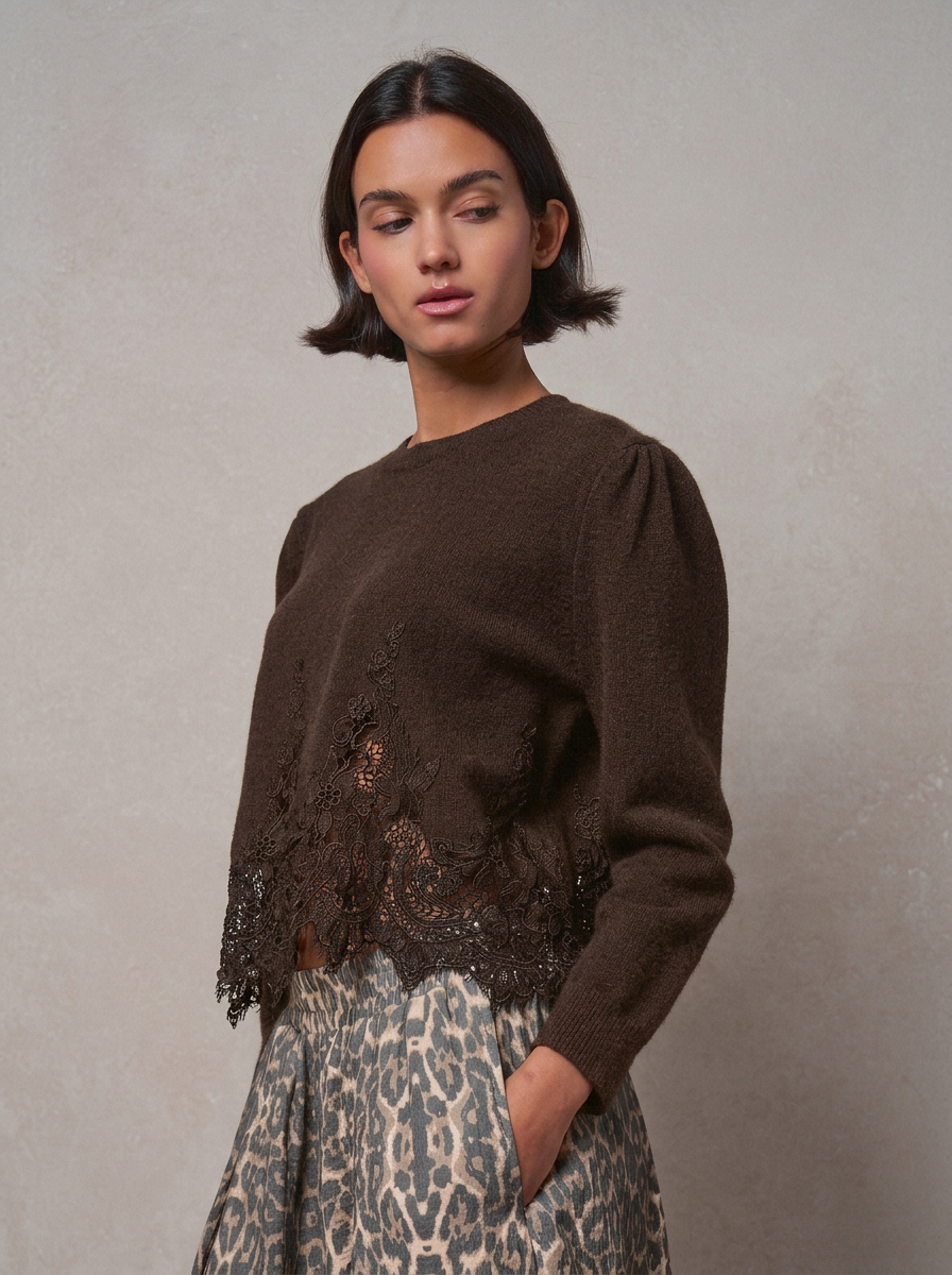 Lace Hem Floral Guipure Trim Knit Sweater