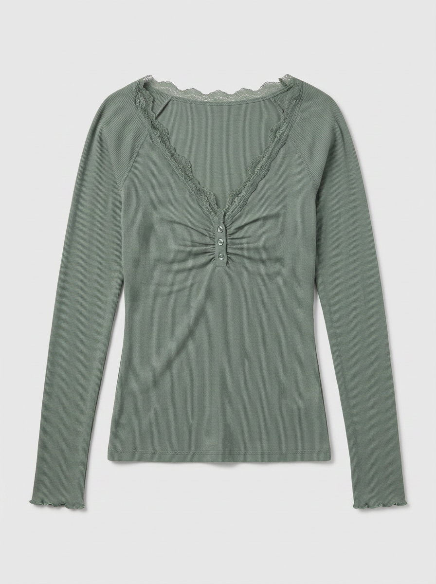 Lace Trim Ribbed Knit Henley Top