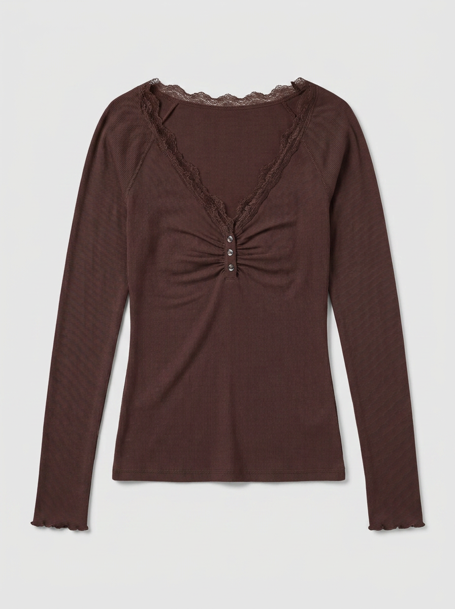 Lace Trim Ribbed Knit Henley Top