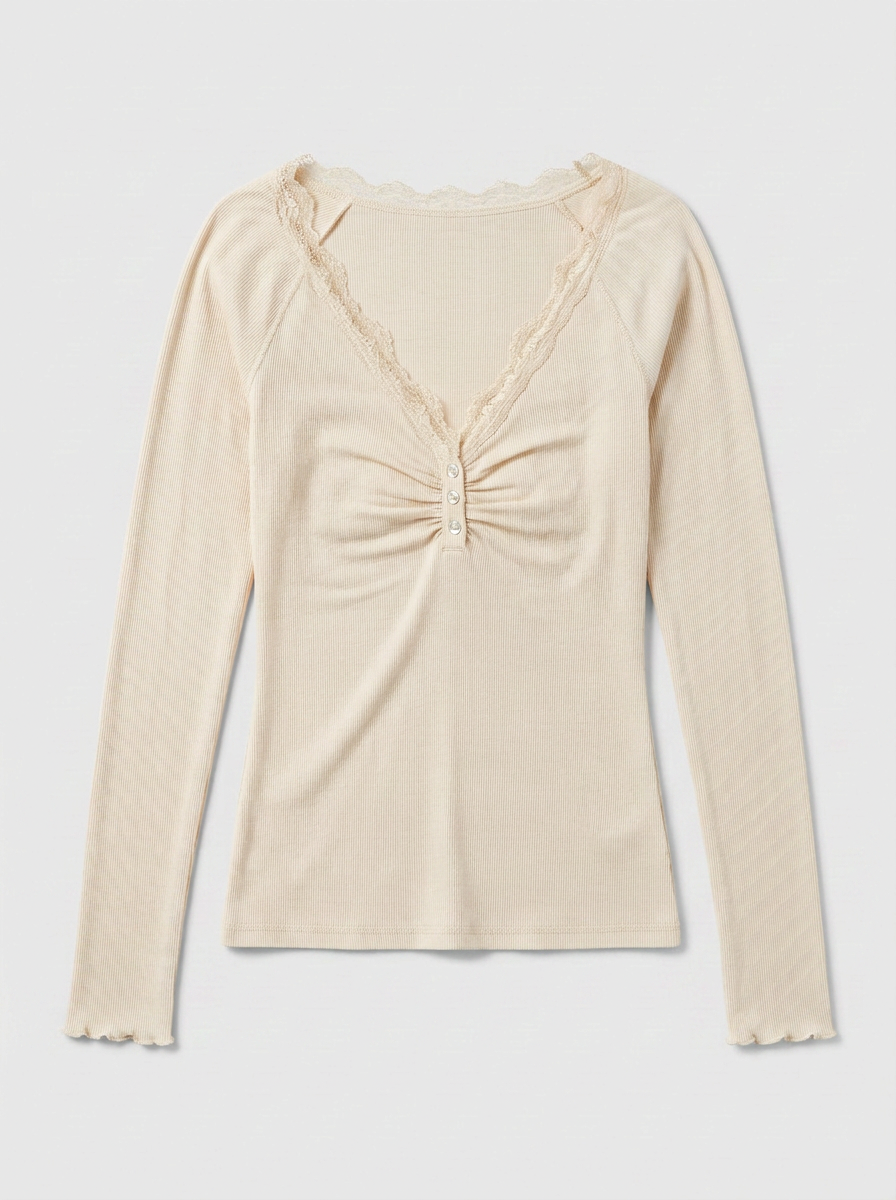 Lace Trim Ribbed Knit Henley Top