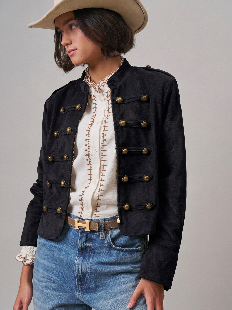 Napoleon Suede Military Band Jacket with Brass Buttons