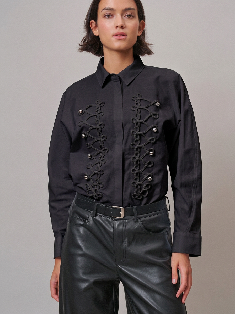 Braided Cord Passementerie Embellished Button-Down Blouse
