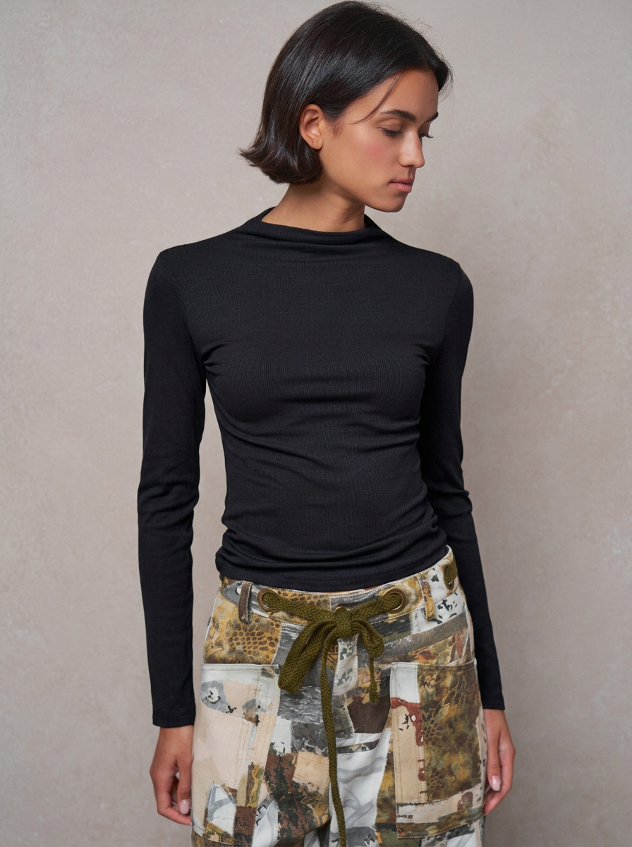 Mock Neck Long Sleeve Ribbed Knit Top