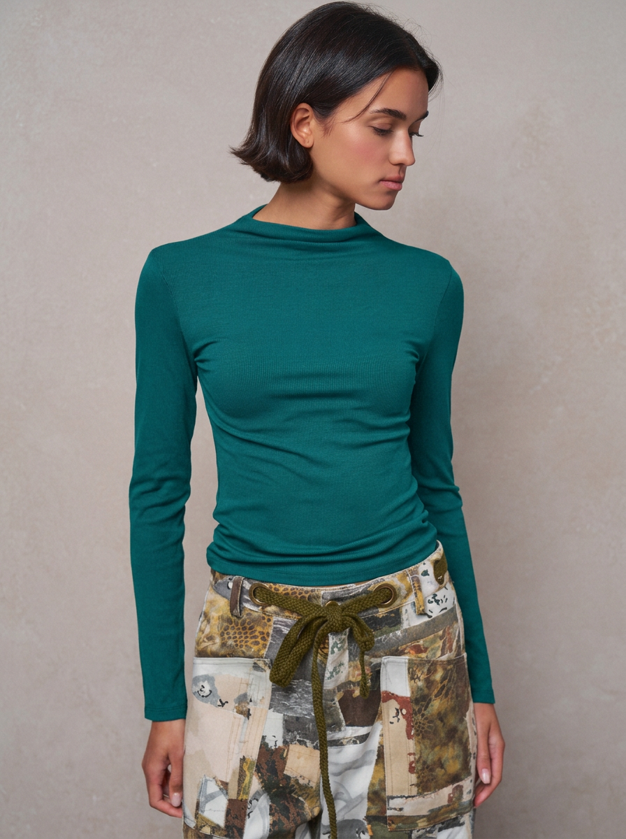 Mock Neck Long Sleeve Ribbed Knit Top