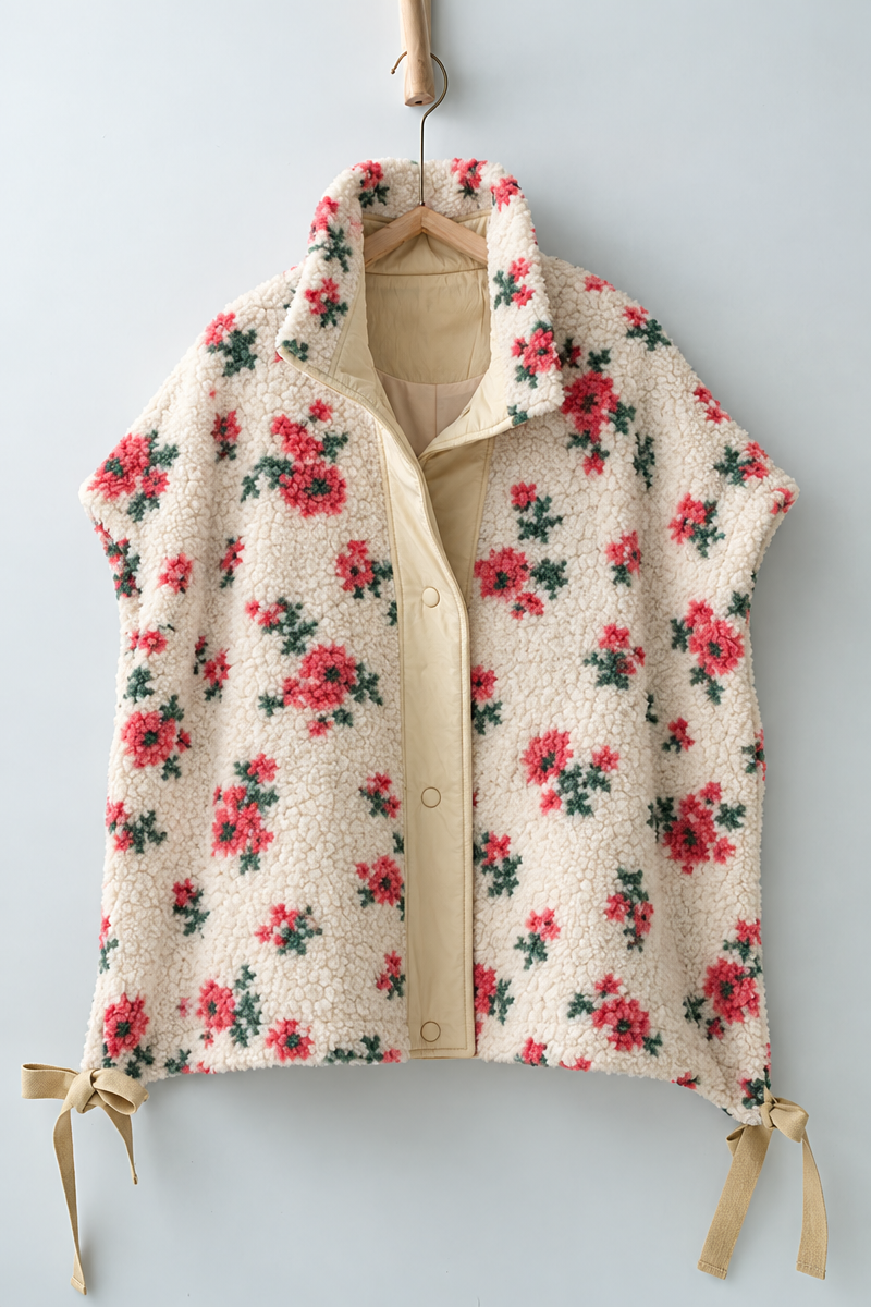 Ditsy Floral Sherpa Vest With Bow Hem Detail