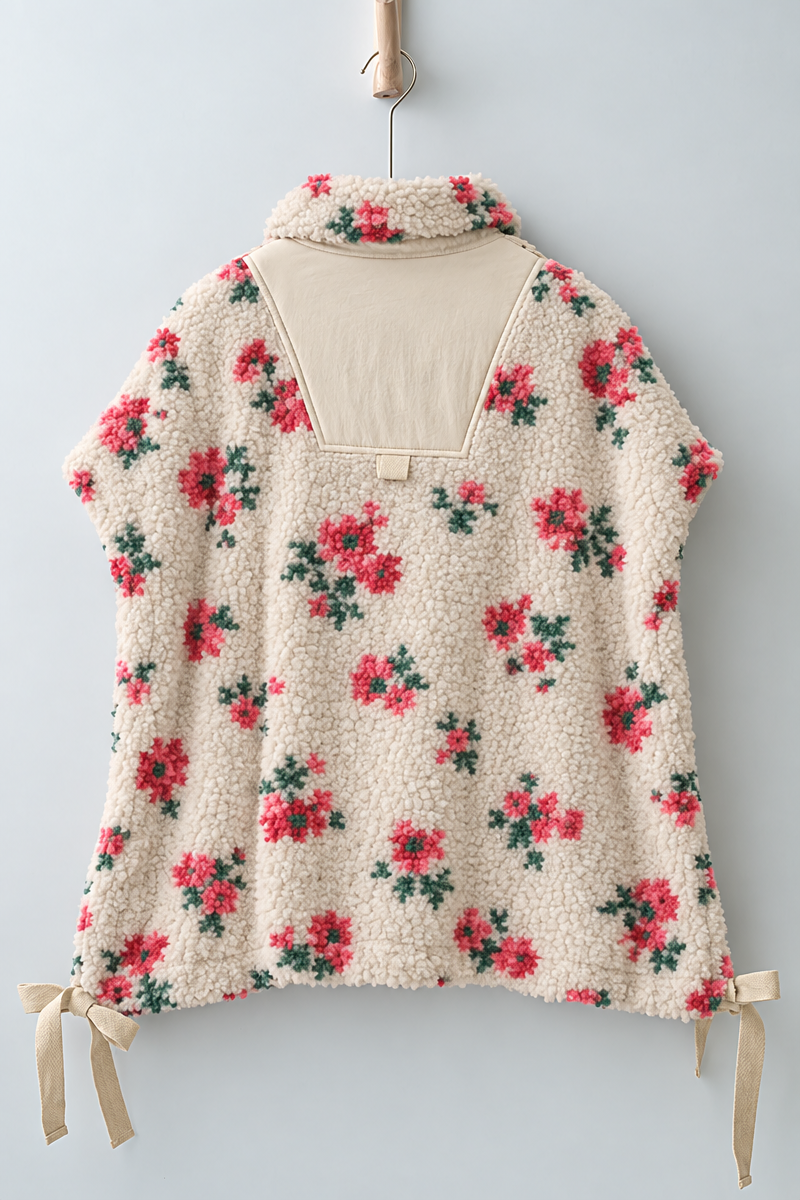 Ditsy Floral Sherpa Vest With Bow Hem Detail