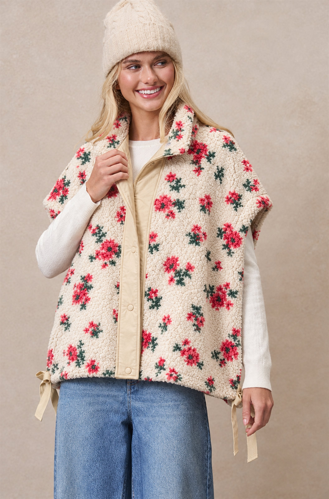 Ditsy Floral Sherpa Vest With Bow Hem Detail