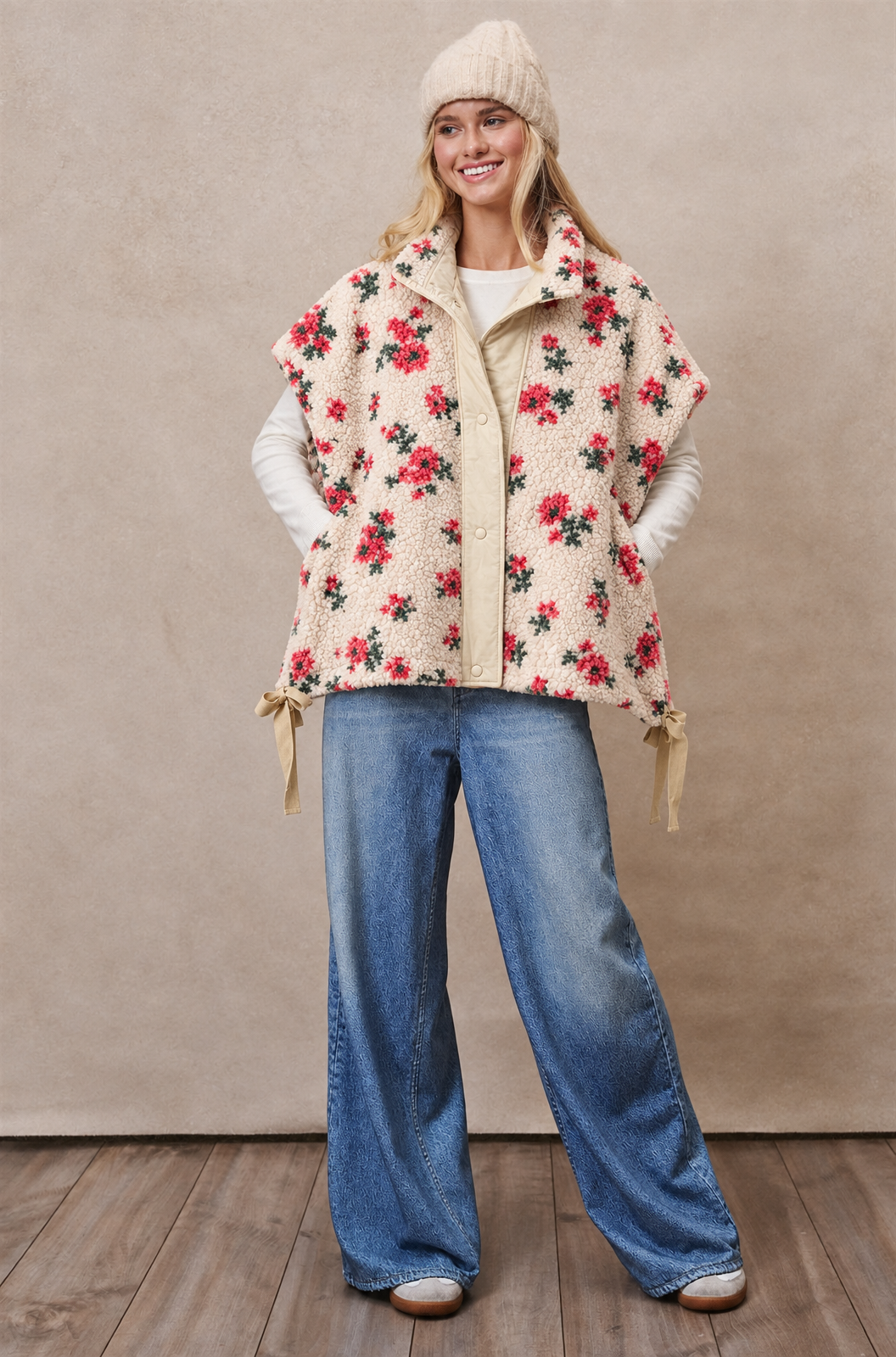 Ditsy Floral Sherpa Vest With Bow Hem Detail