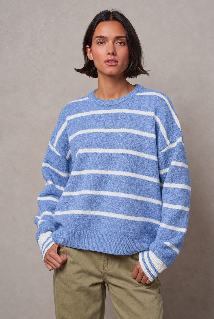 Fuzzy Stripe Crewneck Pullover Sweater
