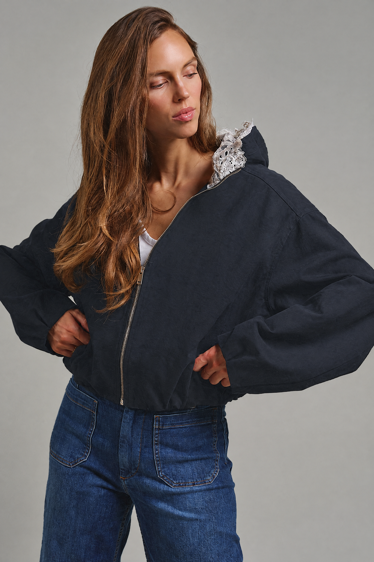Lace-Lined Hooded Cotton Zip Jacket