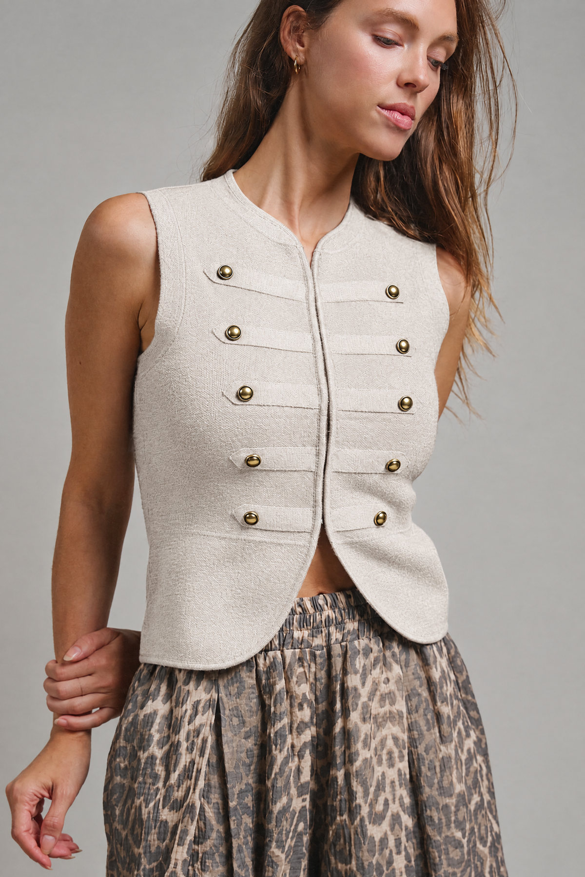 Gold Button Napoleon Mock Neck Knit Vest