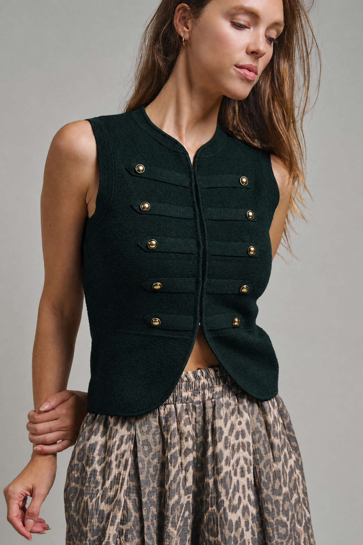 Gold Button Napoleon Mock Neck Knit Vest