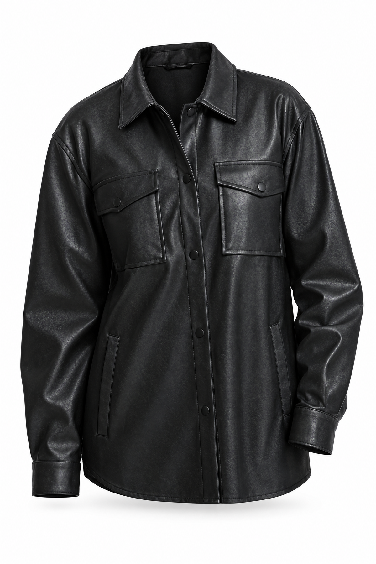 Faux Leather Pocket Shirt with Snap Closure
