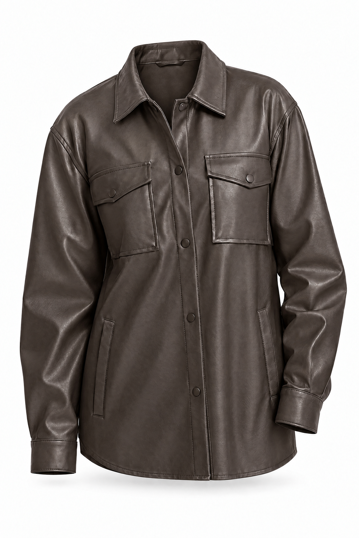 Faux Leather Pocket Shirt with Snap Closure