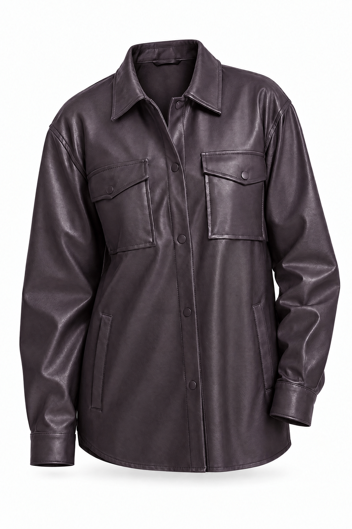 Faux Leather Pocket Shirt with Snap Closure