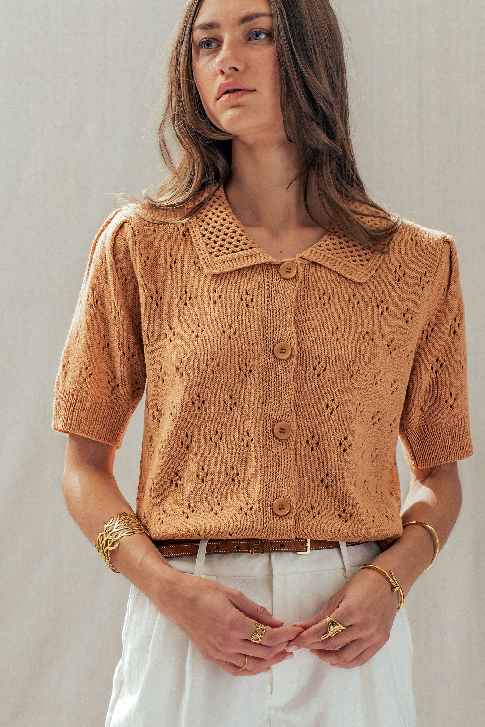 Urban Daizy Pointelle Knit Puff Sleeve Collared Cardigan Warm-Camel Cardigan - Women's (UDSW0345-Warm-Camel) – alternate view 8